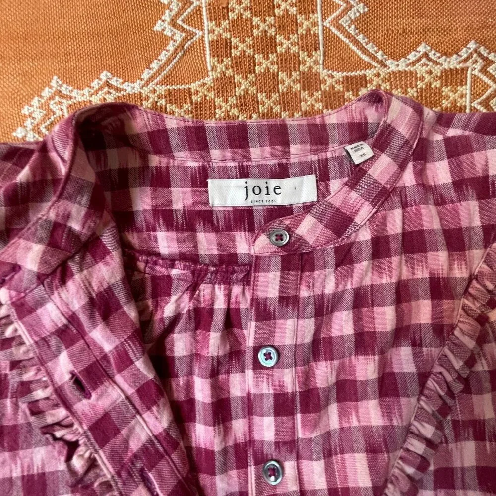 Joie Burgundy Gingham BURNESS Blouse – Long Sleeve Button Front Top, Size S - Picture 2 of 7
